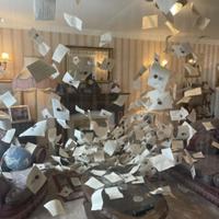 Photograph of letters from Hogwarts coming out the fireplace in the Dursley living room